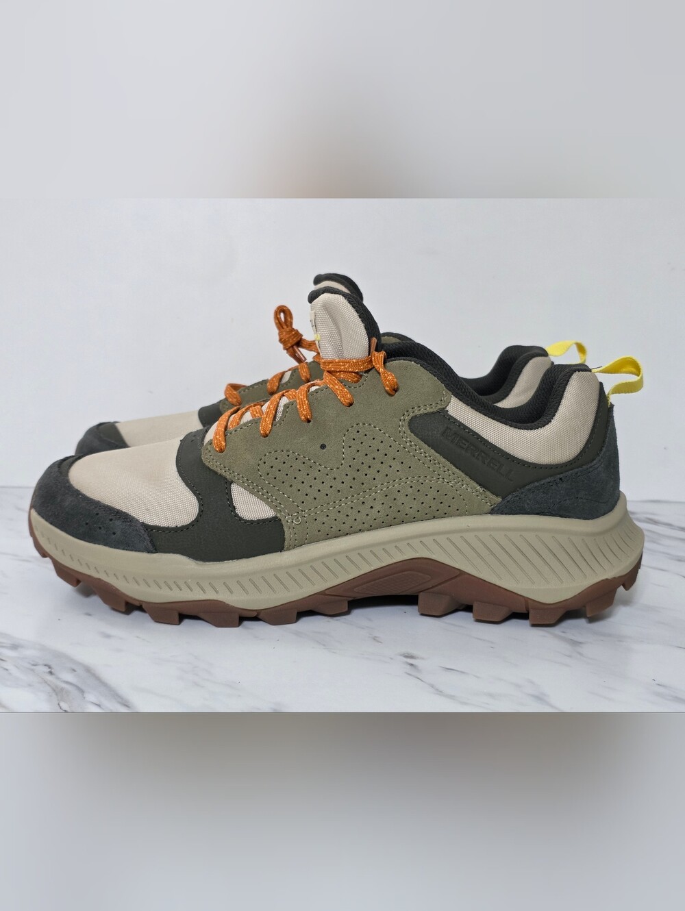 Merrell Men’s Olive Green and Cream Trail Runner with Orange Laces